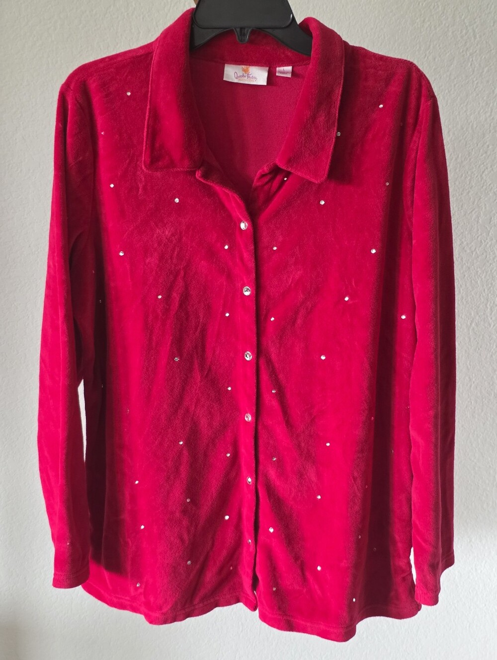 Quacker Factory Red Velour Rhinestone Button Front Cardigan Jacket Size Large - Picture 2 of 11